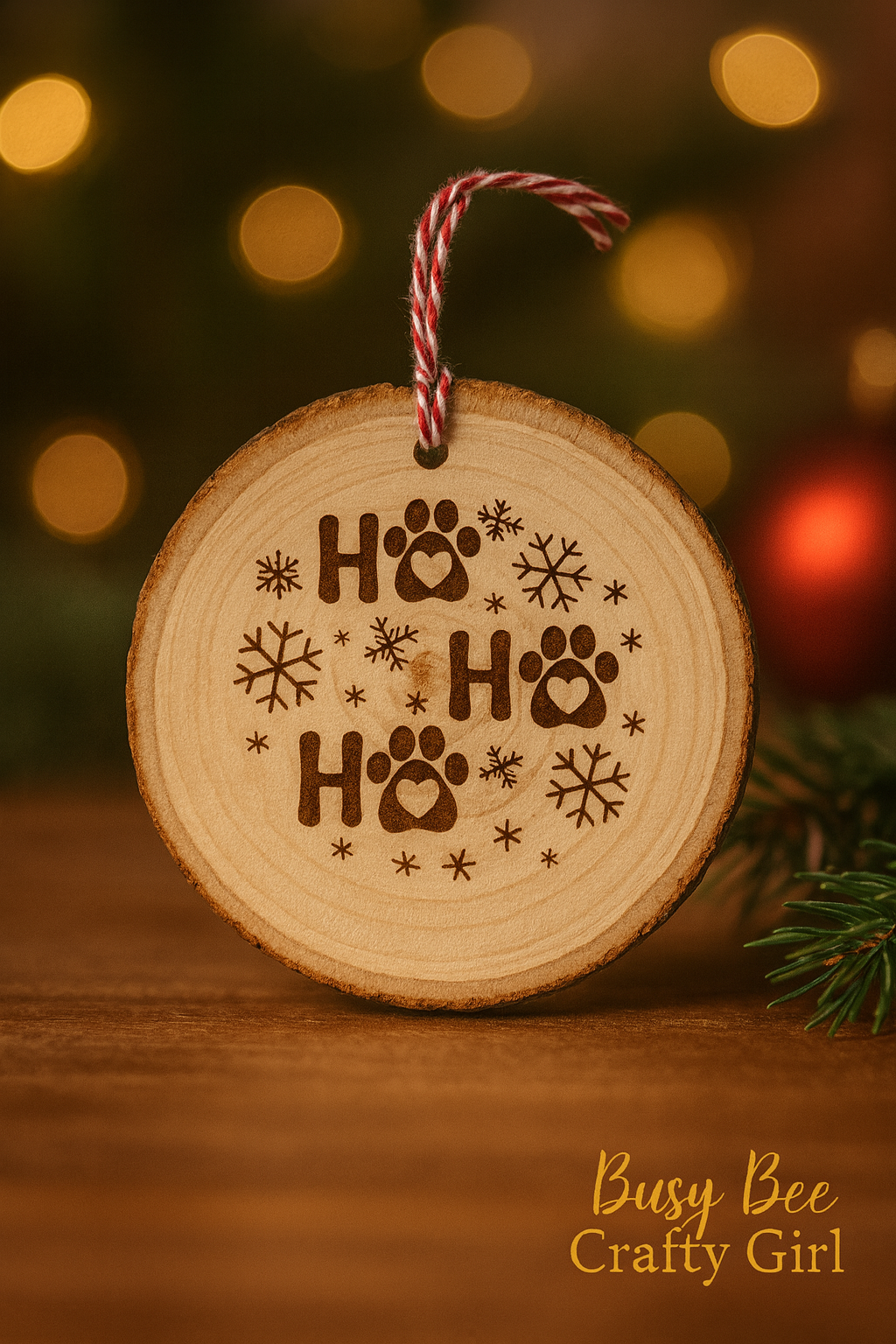 Ho Ho Ho (with Paws) Engraved Wooden Ornament