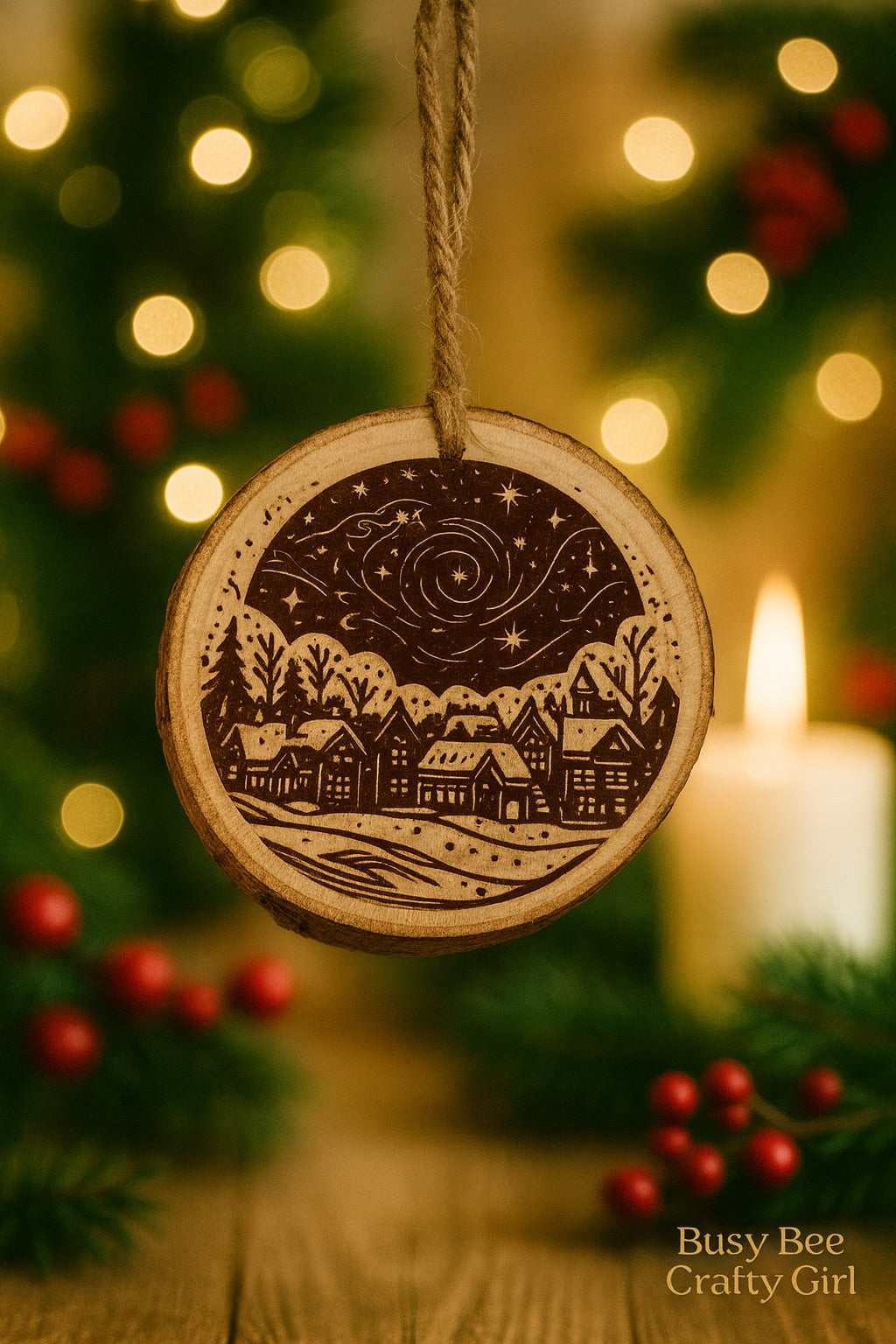 Christmas Village Engraved Wooden Ornament