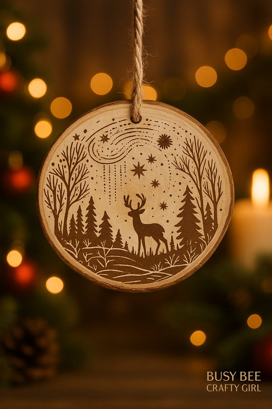 Deer in Starry Night Engraved Wooden Ornament