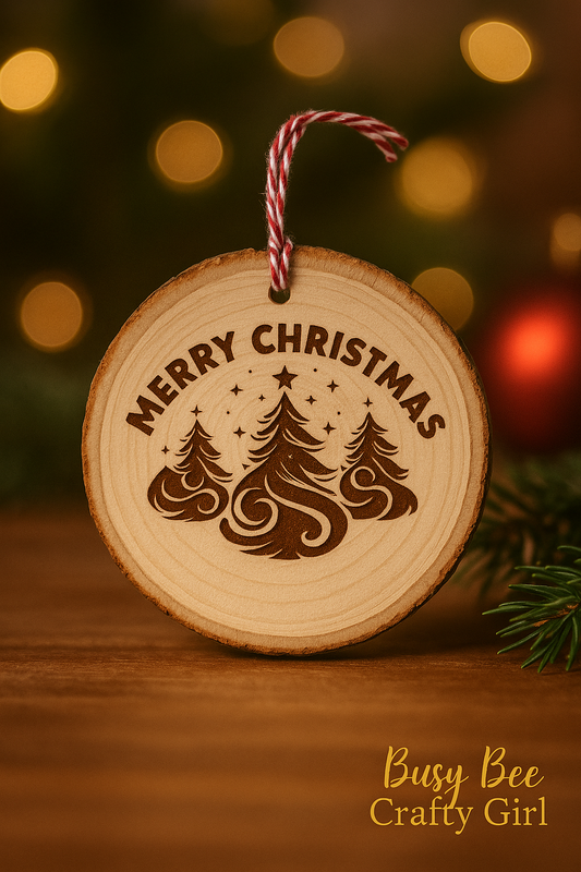 Merry Christmas Swirl Trees Engraved Wooden Ornament