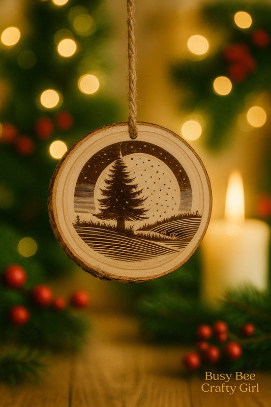 Christmas Tree and Moon Engraved Wooden Ornament