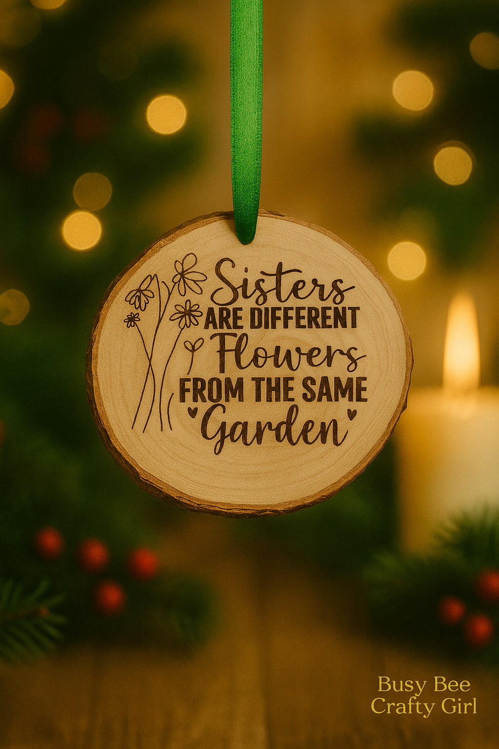 Sisters: Different Flowers from the same Garden Engraved Wooden Ornament
