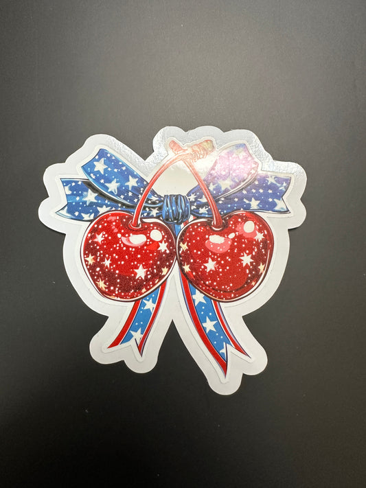 🍒 Patriotic Glitter Look Coquette Bow & Cherries Sticker – Glossy Vinyl, Waterproof