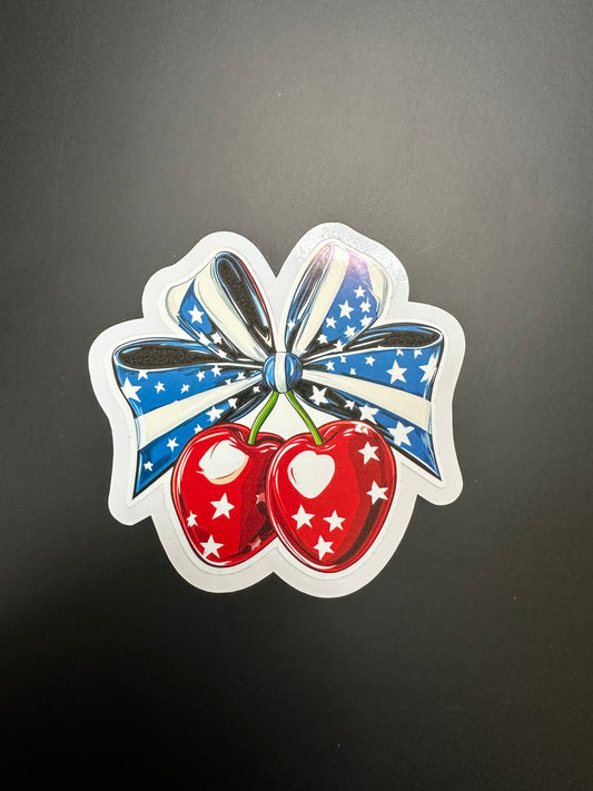 🍒 Patriotic Coquette Bow & Cherries Sticker – Glossy Vinyl, Waterproof